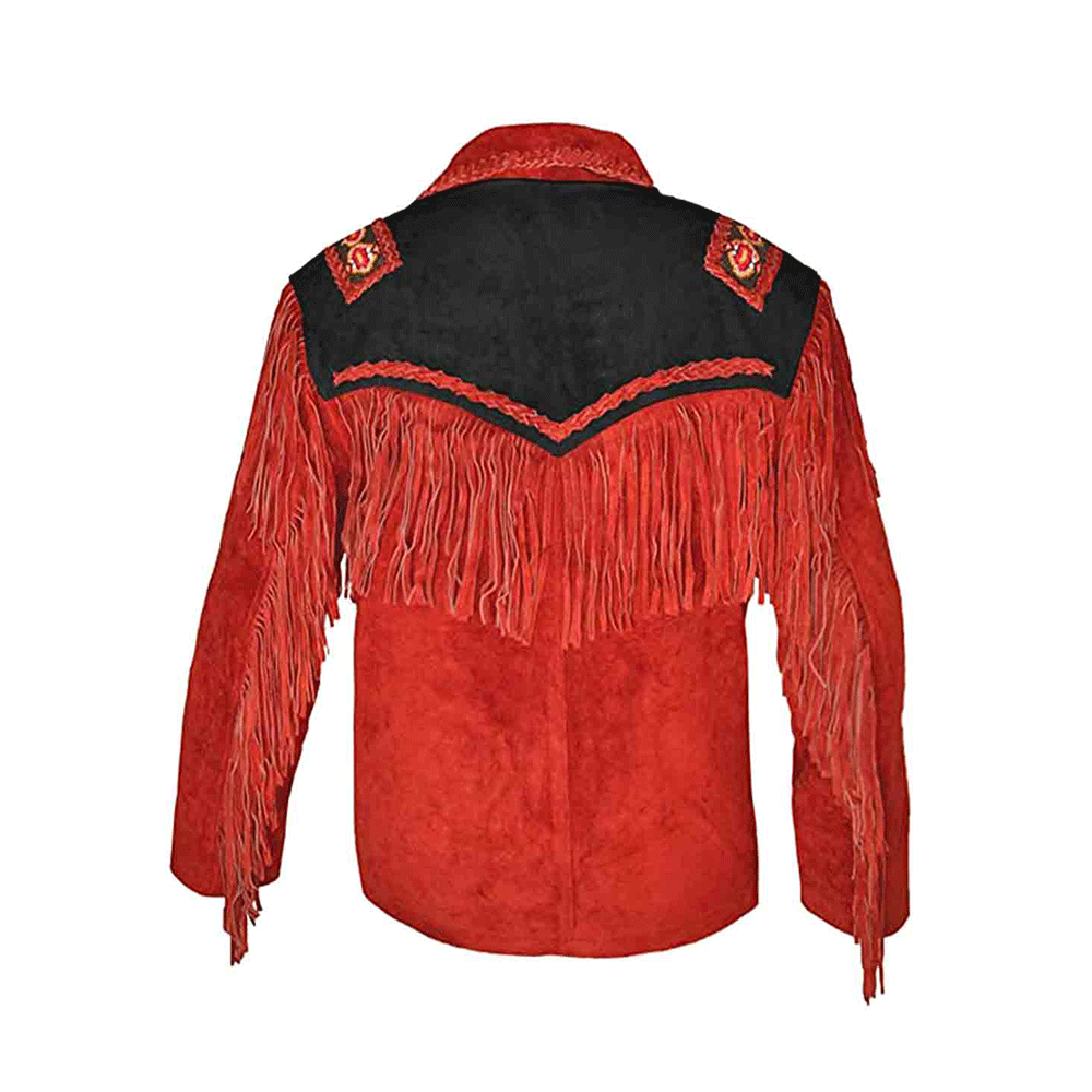 Native American Beaded Red Suede Leather Jacket for Men PWJ2480