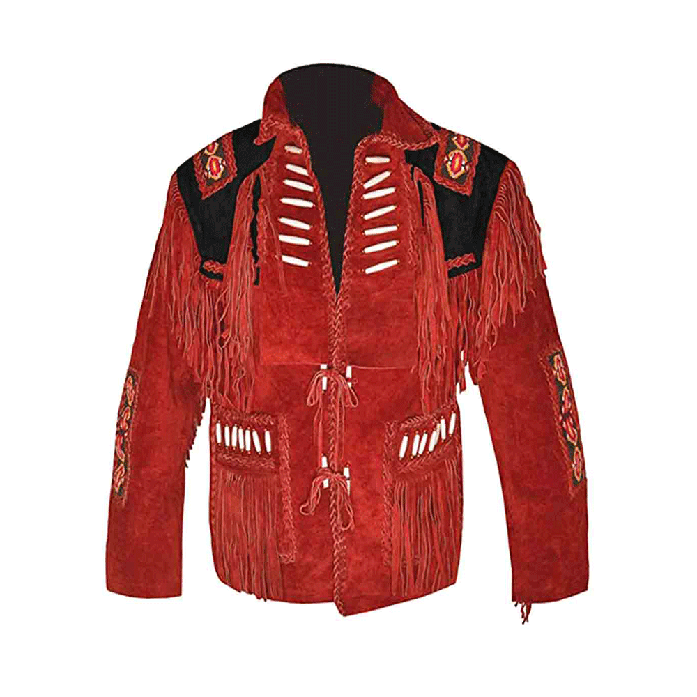 Native American Beaded Red Suede Leather Jacket for Men PWJ2480