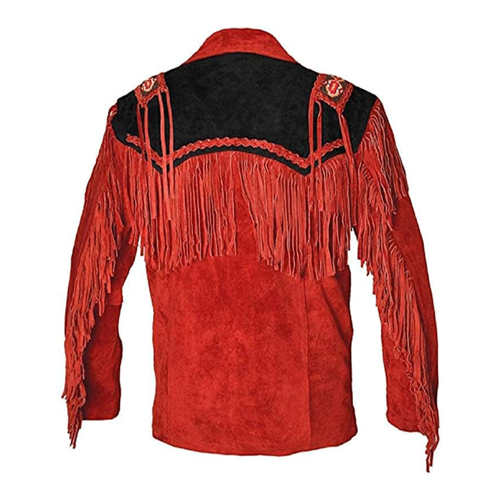 Native American Beaded Red Suede Leather Jacket for Men PWJ2460