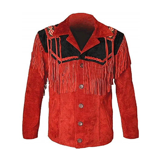 Native American Beaded Red Suede Leather Jacket for Men PWJ2460