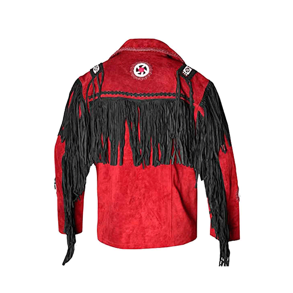 Native American Beaded Red Suede Leather Jacket for Men PWJ2410