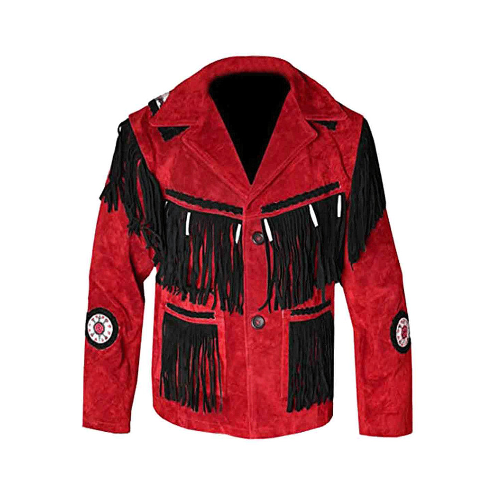 Native American Beaded Red Suede Leather Jacket for Men PWJ2410