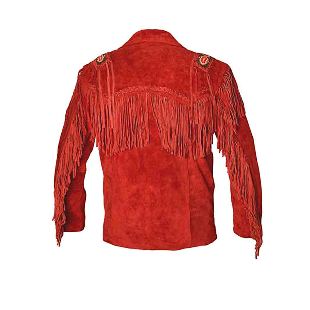 Native American Beaded Red Suede Leather Jacket for Men PWJ2500