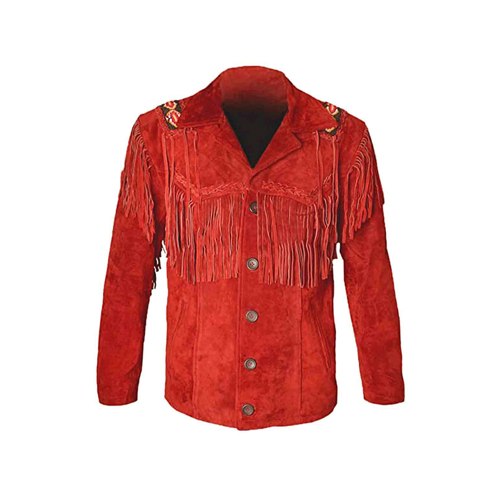 Native American Beaded Red Suede Leather Jacket for Men PWJ2500