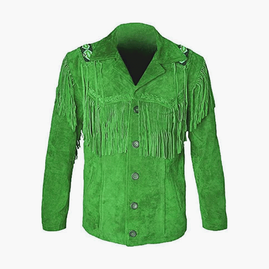 Native American Beaded Green Suede Leather Jacket for Men PWJ2580