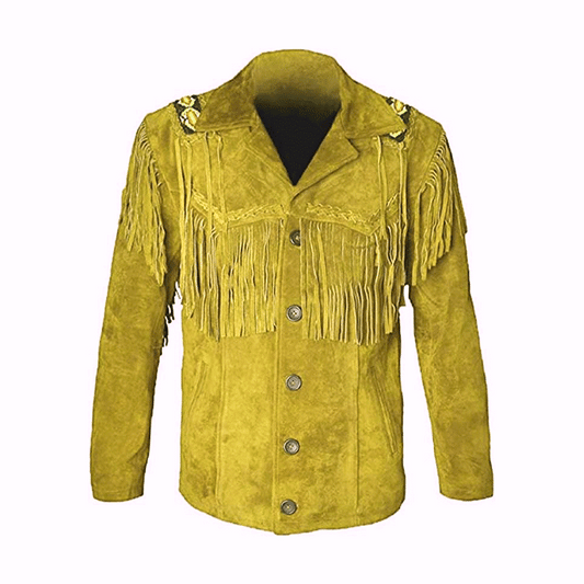 Native American Beaded Tan Suede Leather Jacket for Men PWJ2710