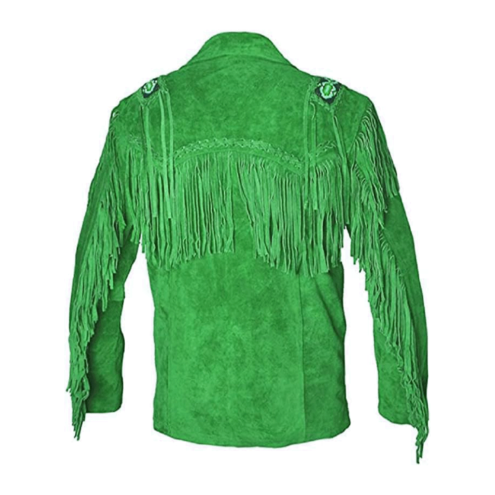 Native American Beaded Green Suede Leather Jacket for Men PWJ2580