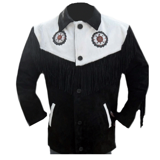 Native American Beaded Black Suede Leather Jacket for Men PWJ1590