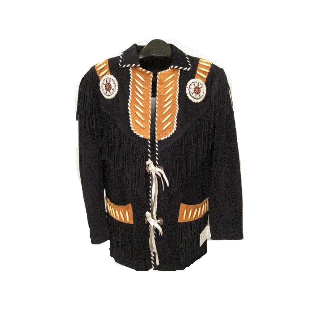 Native American Beaded Black Suede Leather Jacket for Men PWJ1570