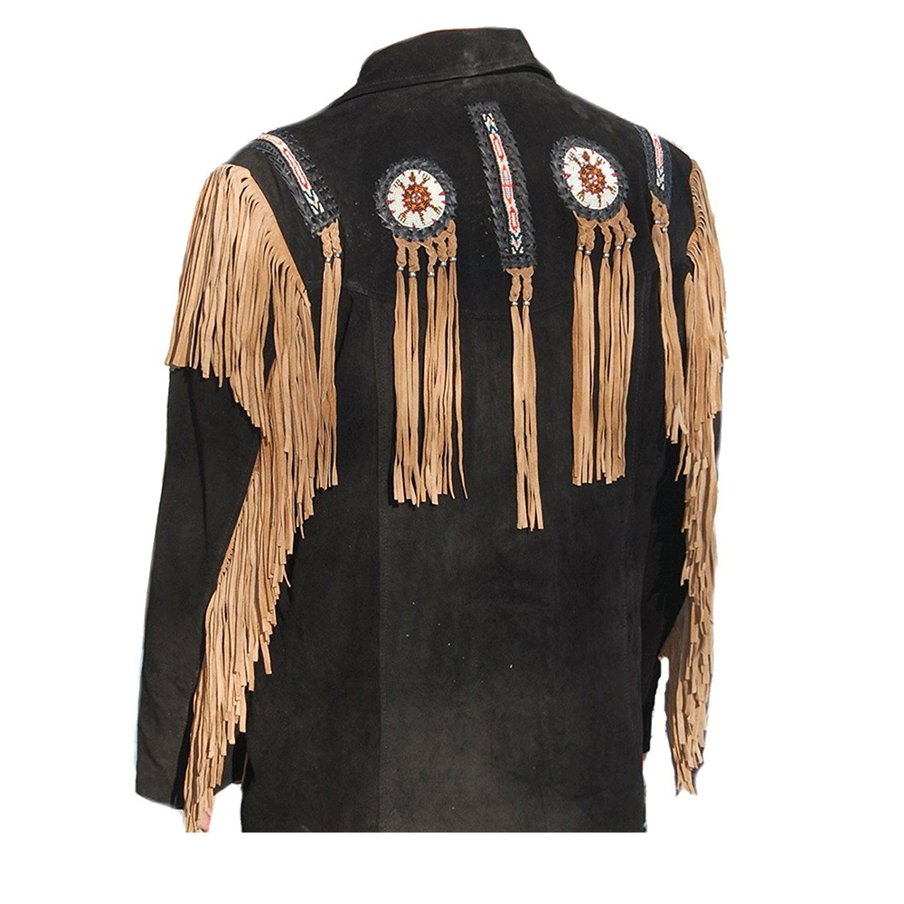 Native American Beaded Black Suede Leather Jacket for Men PWJ1620