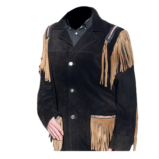 Native American Beaded Black Suede Leather Jacket for Men PWJ1620