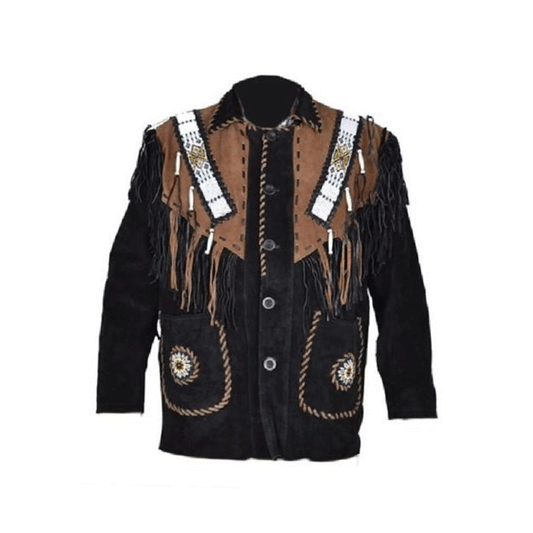 Native American Beaded Black Suede Leather Jacket for Men PWJ1540