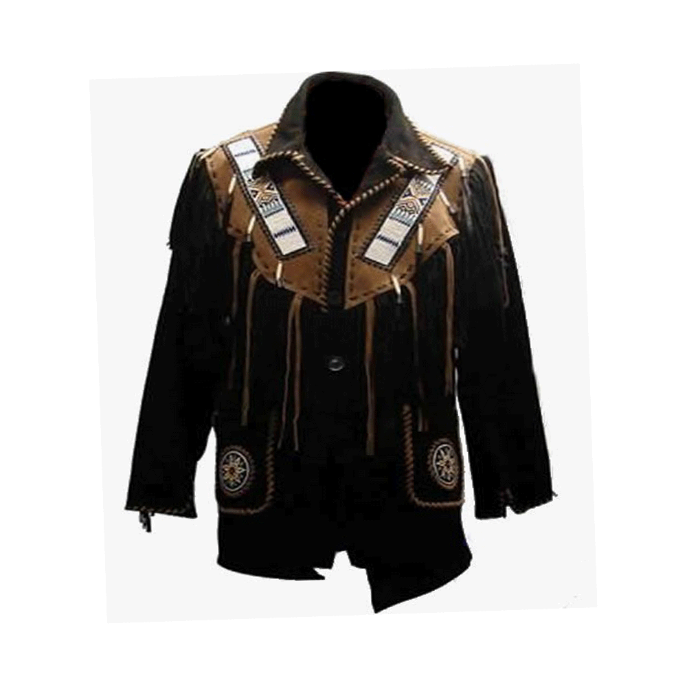 Native American Beaded Black Suede Leather Jacket for Men PWJ1630