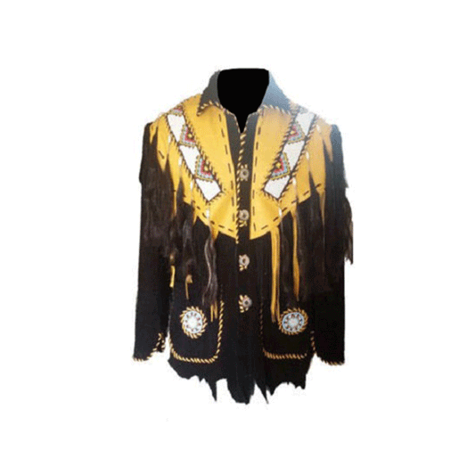 Native American Beaded Black Suede Leather Jacket for Men PWJ1550