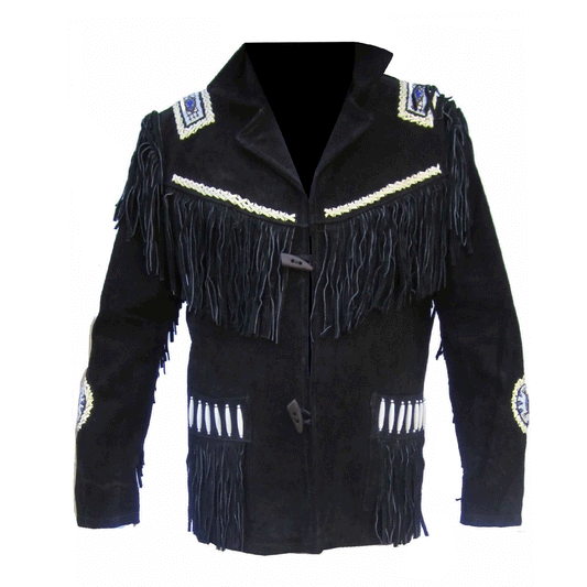 Native American Beaded Black Suede Leather Jacket for Men PWJ1610