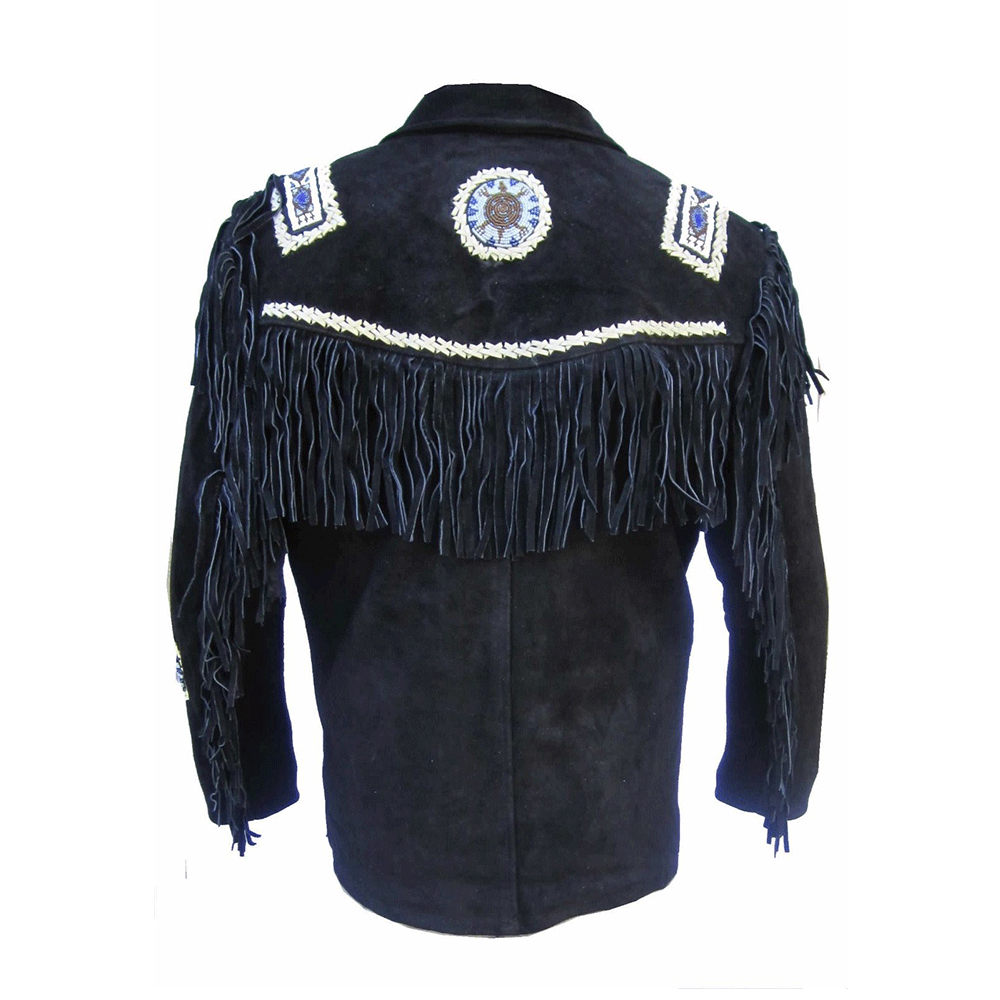 Native American Beaded Black Suede Leather Jacket for Men PWJ1610