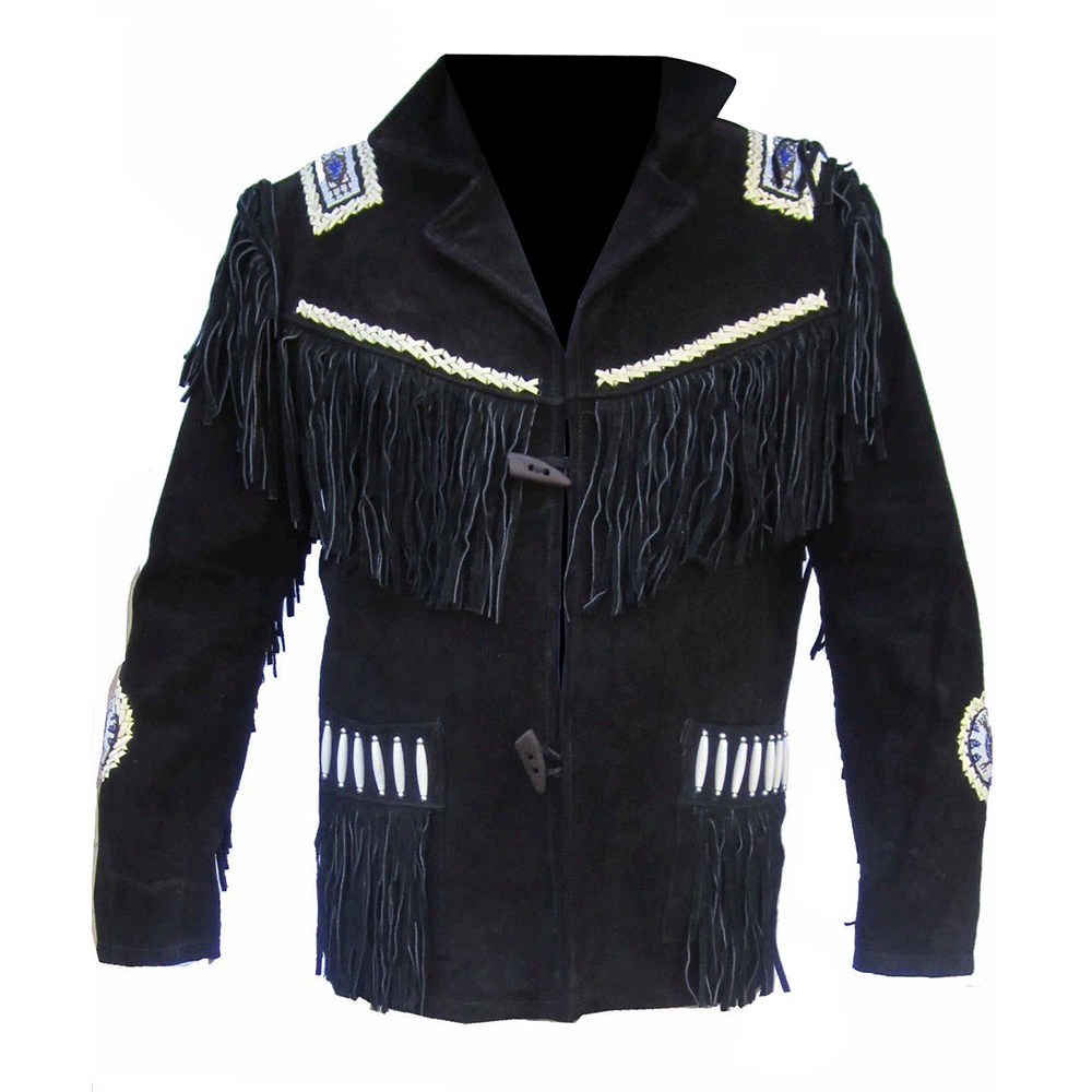 Native American Beaded Black Suede Leather Jacket for Men PWJ1610