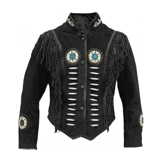 Native American Beaded Black Suede Leather Jacket for Men PWJ1640