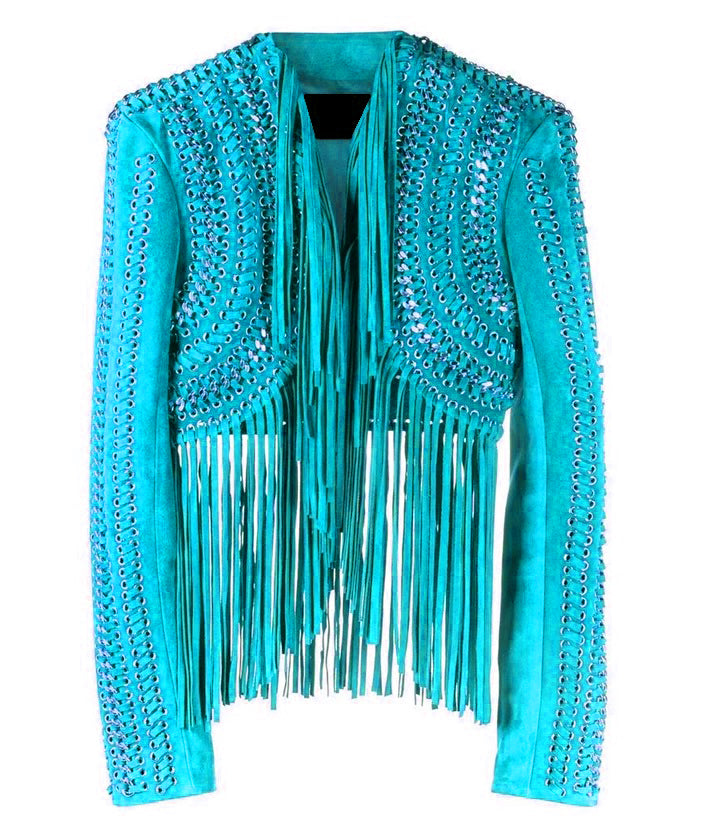 Black Leather Long Fringe Silver Chains Crop Top Jacket For Women WJ713