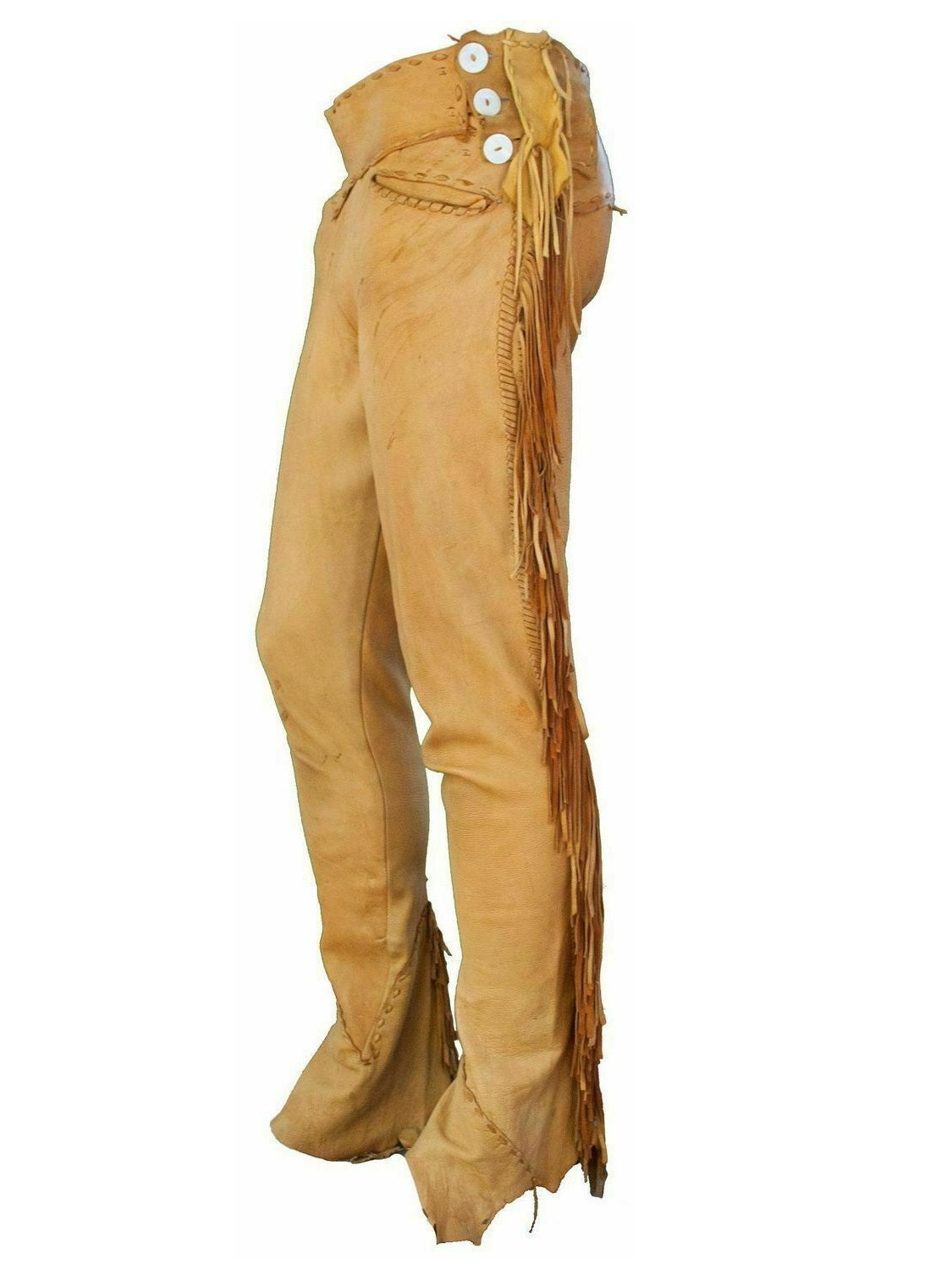 Tan leather pants with fringes on a white background