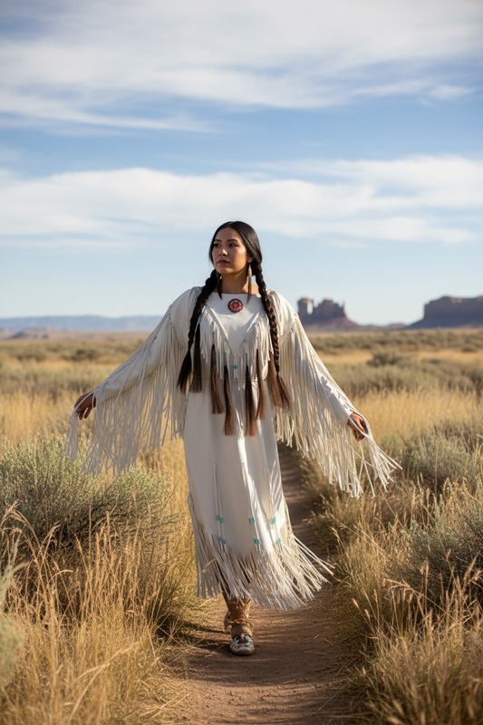 naive amercan woman's leather wedding dress with long fringes