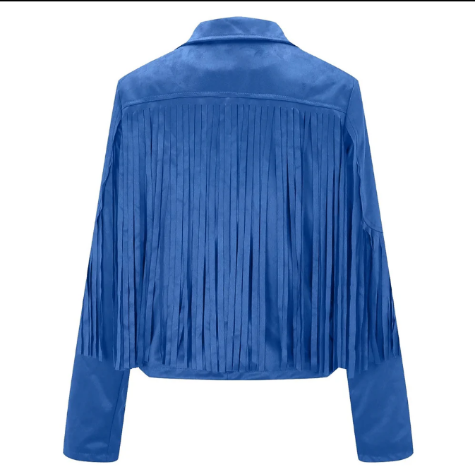 American Cowgirl Blue Leather Long Fringe Biker Jacket BWJ573
