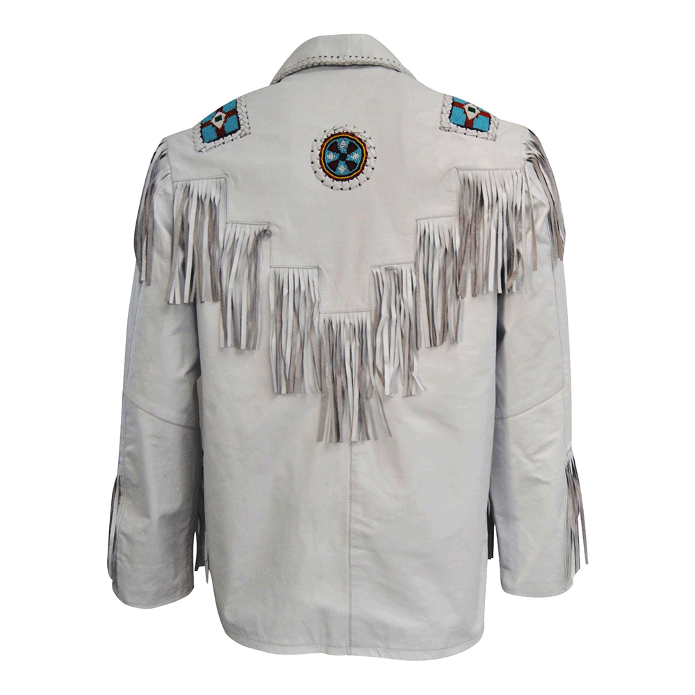 Native American Eagle Beaded White Leather Jacket for Men PWJ2810