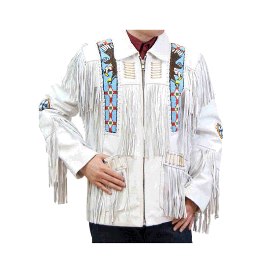 Native American Eagle Beaded White Leather Jacket for Men PWJ2810