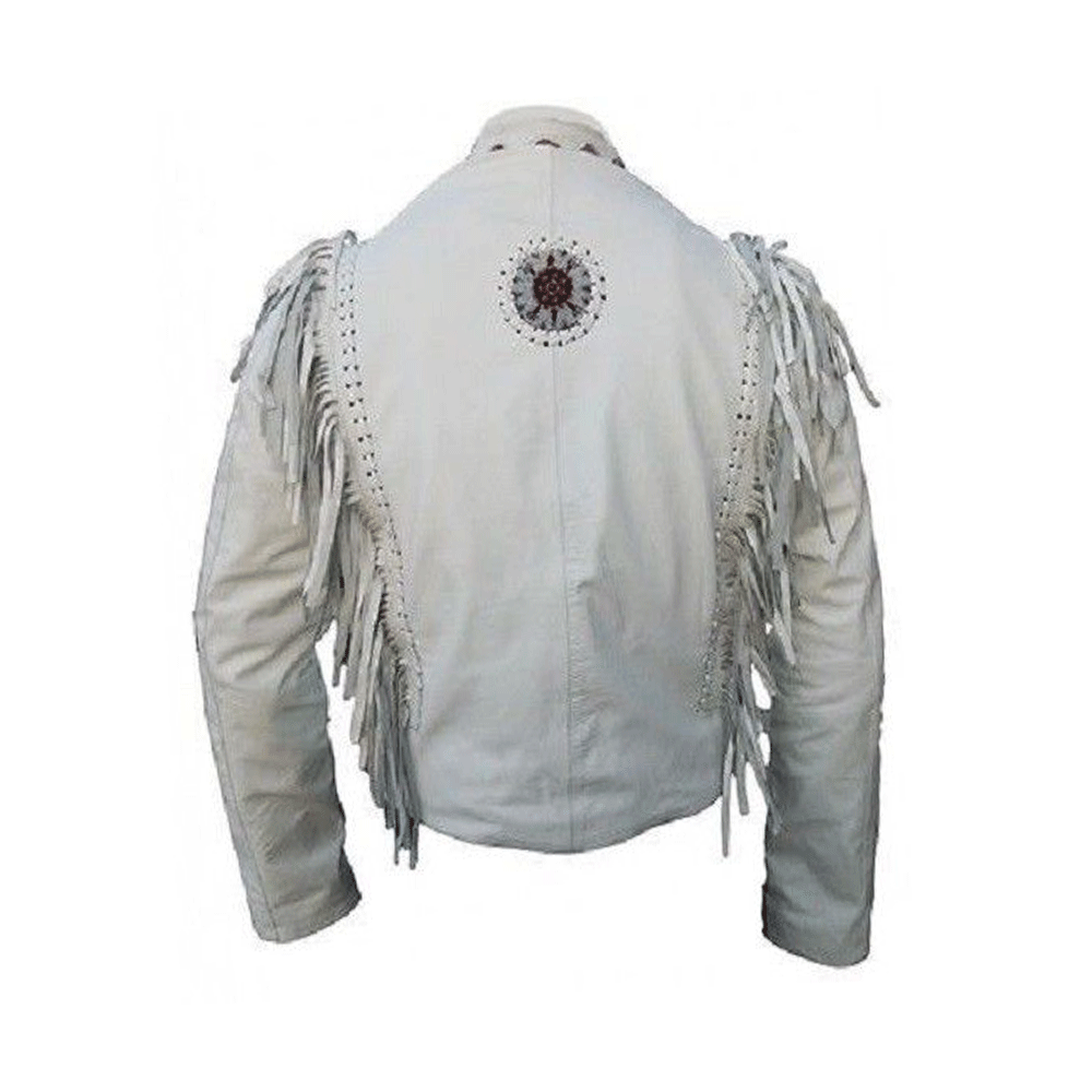 Native American Beaded White Leather Jacket for Men PWJ2820