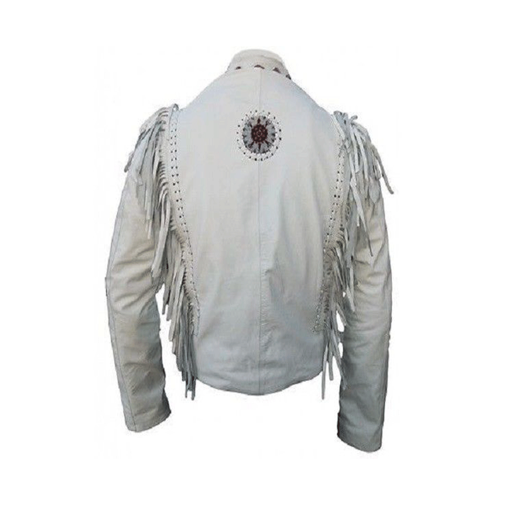 Native American Beaded White Leather Jacket for Men PWJ2820