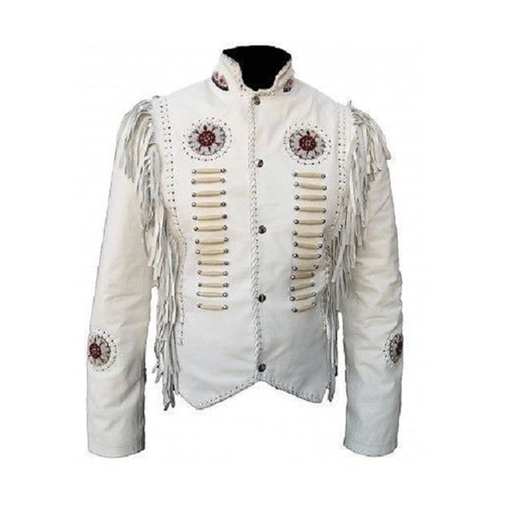 Native American Beaded White Leather Jacket for Men PWJ2820