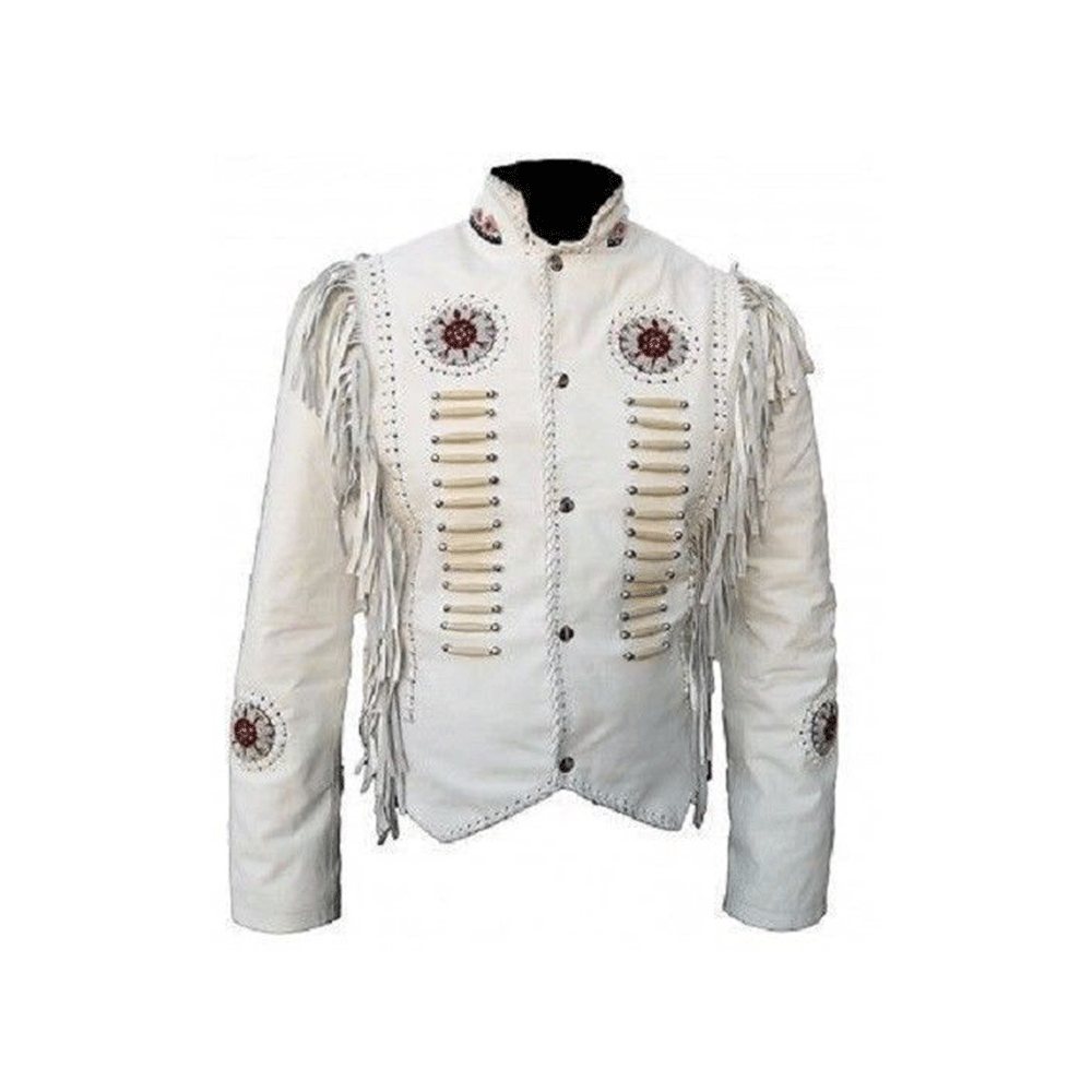 Native American Beaded White Leather Jacket for Men PWJ2820