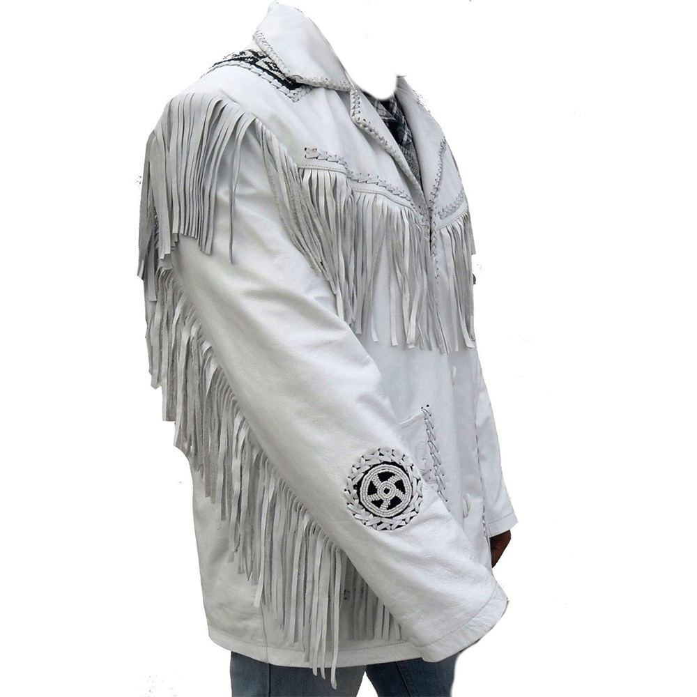 Native American Beaded White Leather Jacket for Men PWJ2850