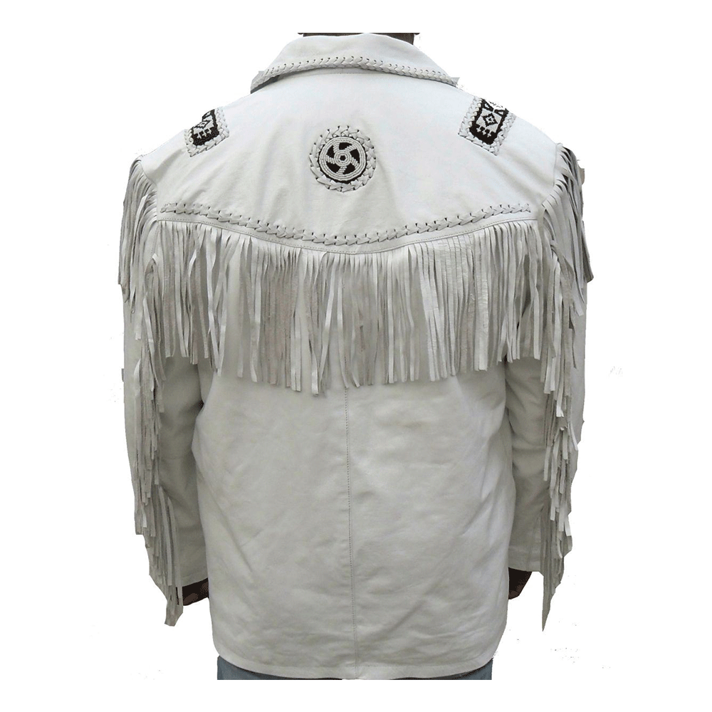 Native American Beaded White Leather Jacket for Men PWJ2850