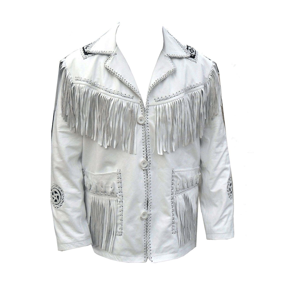 Native American Beaded White Leather Jacket for Men PWJ2850