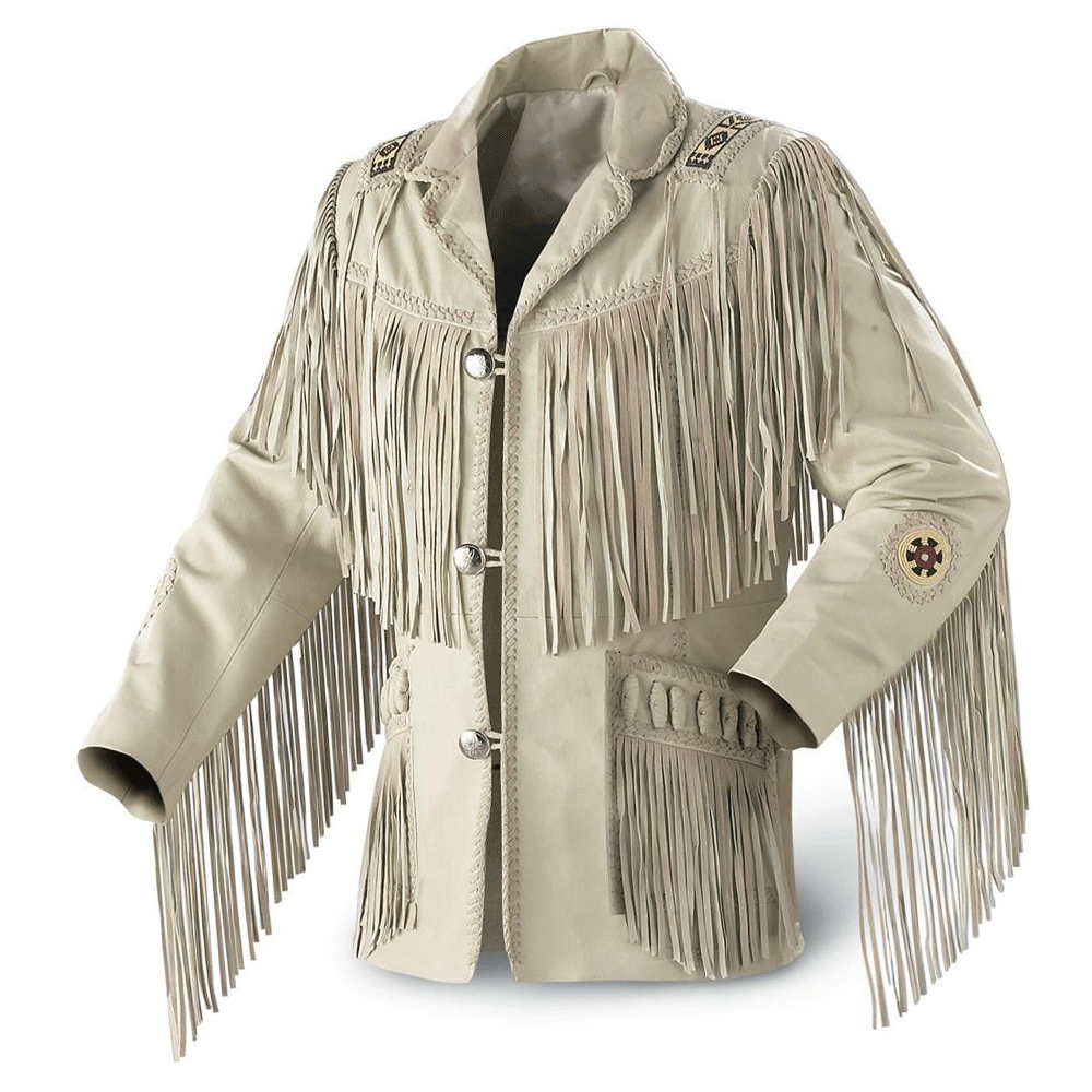 Native American Beaded Beige Leather Jacket for Men PWJ2200