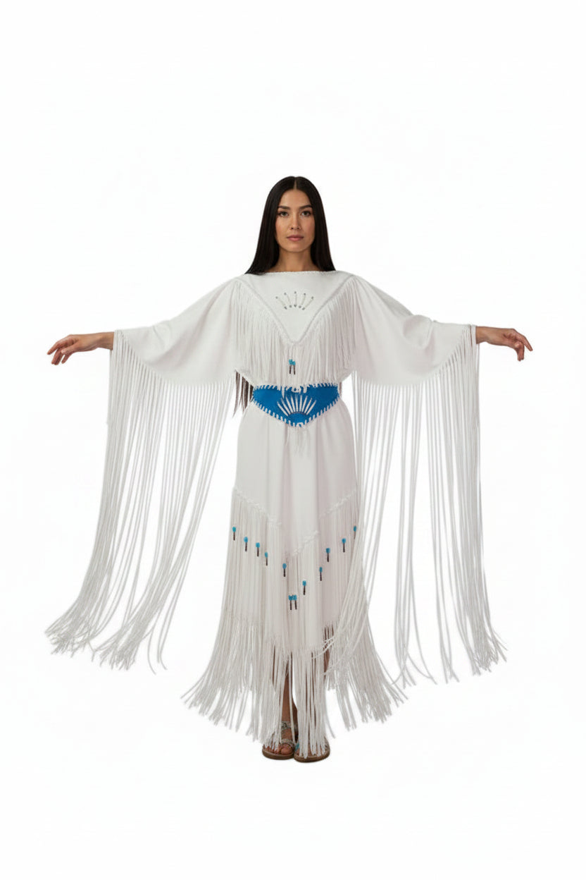 Woman wearing a white fringe dress with blue accents on a white background