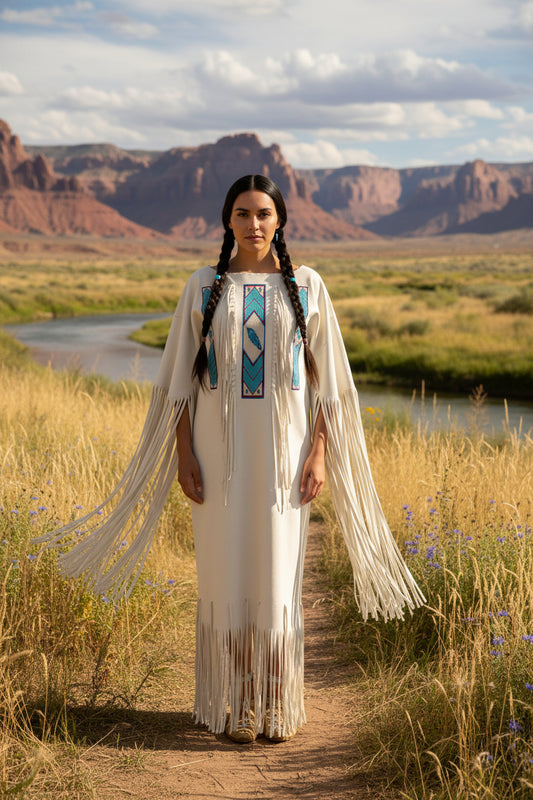 native Woman wearing a long, light-colored dress with fringe details and blue geometric patterns on a white background