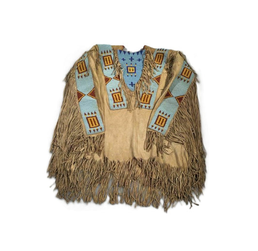 Traditional Native American vest with fringes and geometric patterns on a white background
