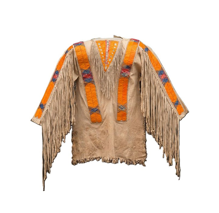 Traditional Native American-style jacket with fringes and colorful patterns on a white background