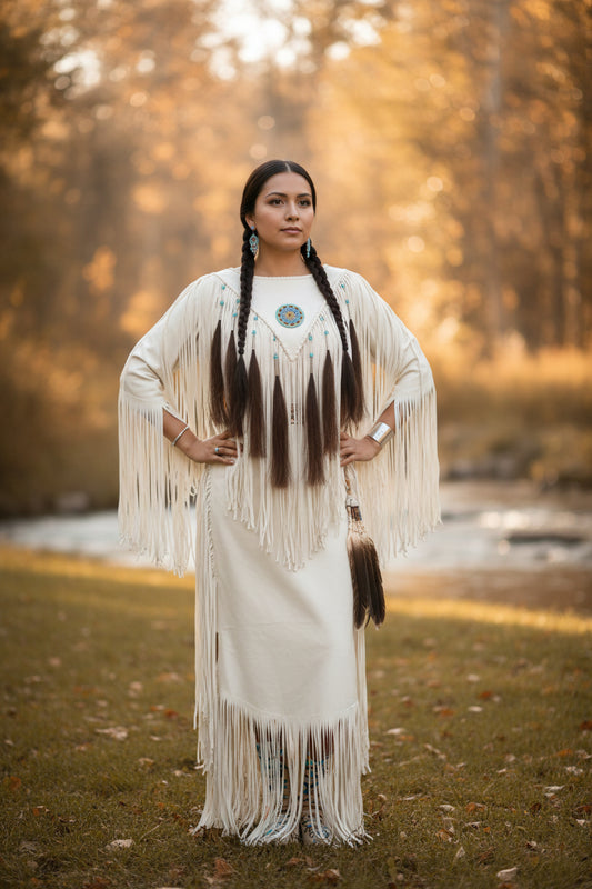 Long fringed garment with decorative elements on a white background
