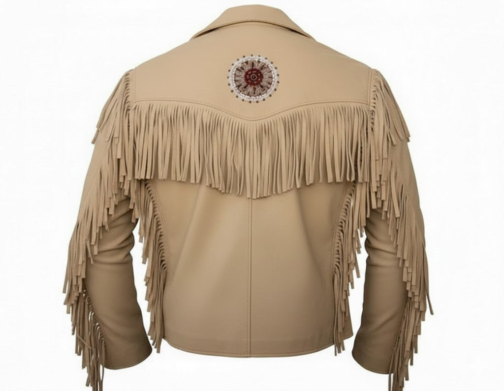 Men's Western Beige Buckskin Beaded Fringe Jacket MJ203