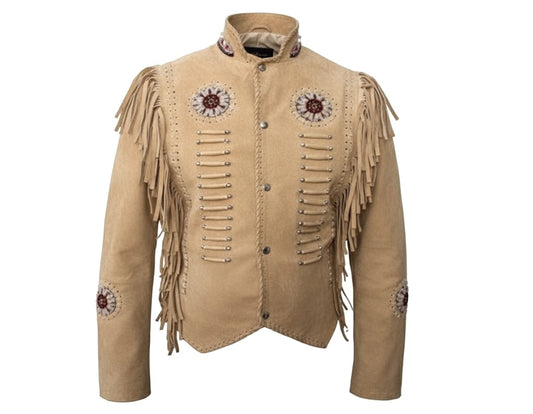 Men's Western Beige Buckskin Beaded Fringe Jacket MJ203