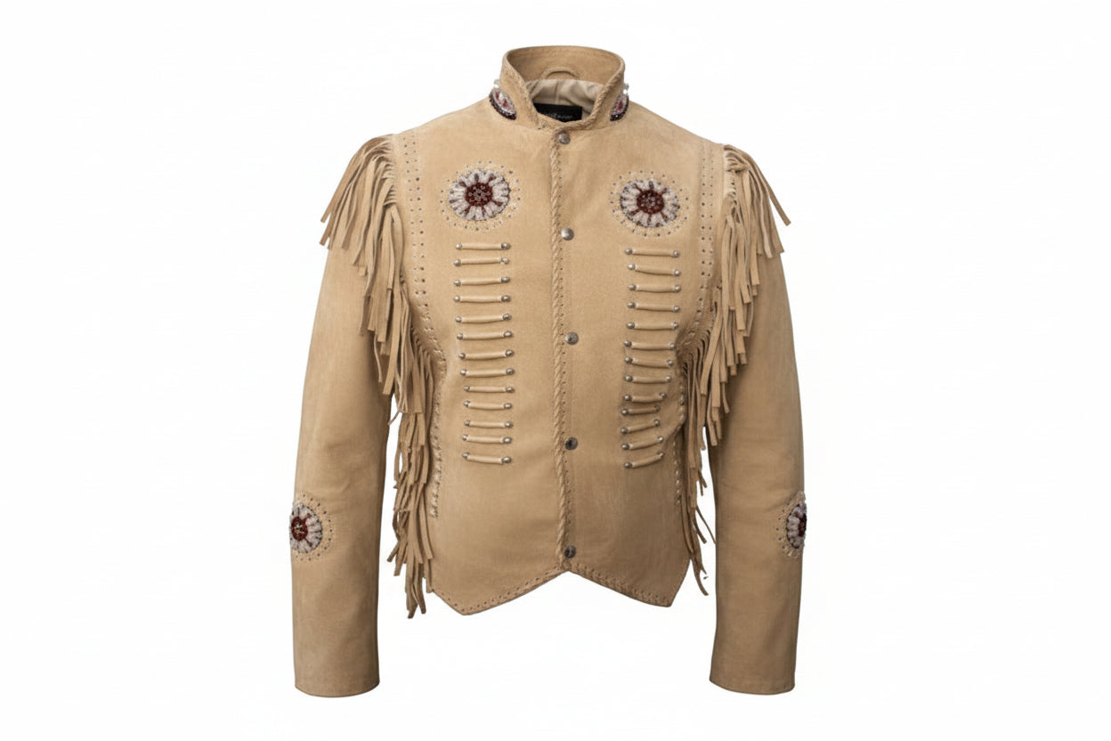 Beige leather jacket with fringe and decorative elements on a white background