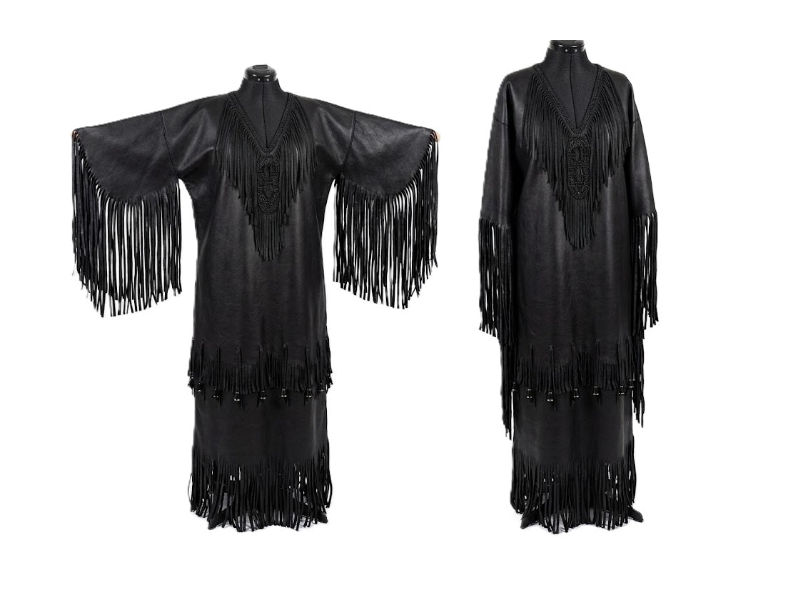 native american woman's wedding dress in black leather