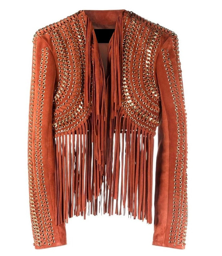 Black Leather Long Fringe Silver Chains Crop Top Jacket For Women WJ713
