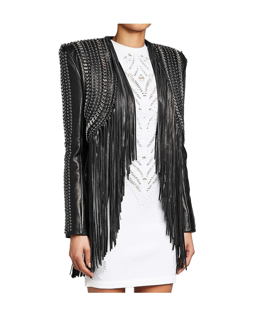 Black Leather Long Fringe Silver Chains Crop Top Jacket For Women WJ713