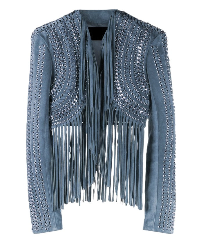 Black Leather Long Fringe Silver Chains Crop Top Jacket For Women WJ713