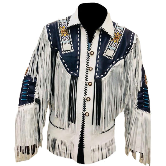 Native American Beaded White Leather Jacket for Men PWJ2770