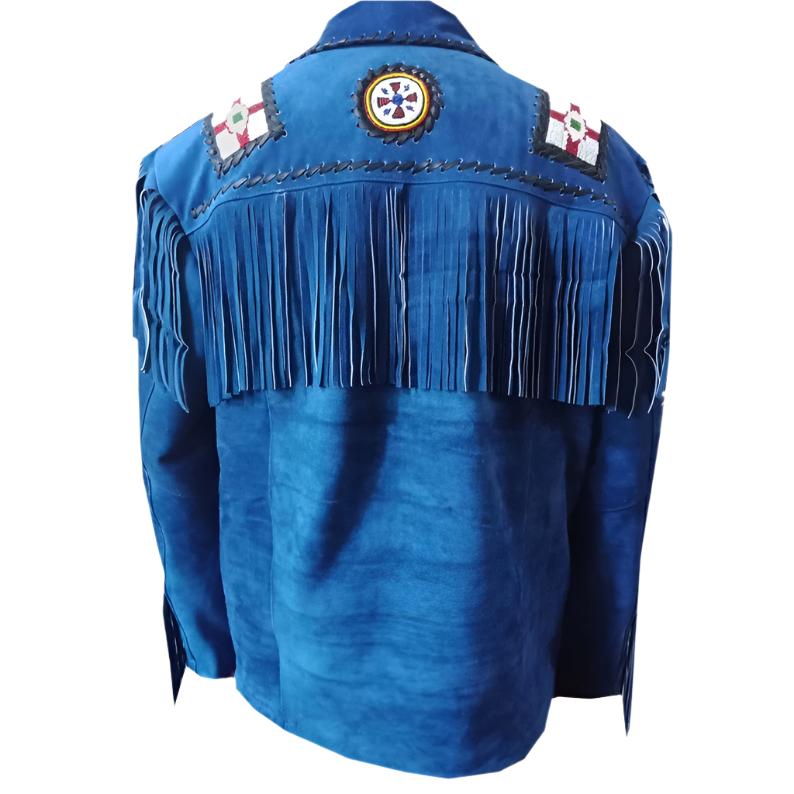 Native American Eagle Beaded Blue Suede Leather Jacket for Men PWJ2620